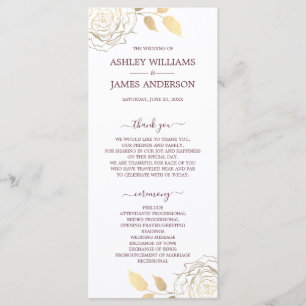 Chic Script Gold Floral Rose Simple Wedding Programme