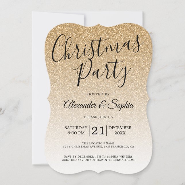Chic Script Gold Glitter Ombre Christmas Party Invitation (Front)
