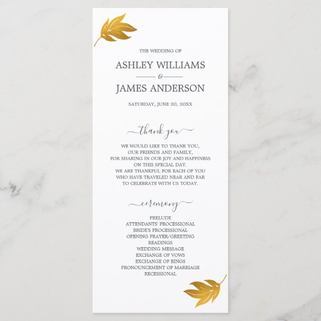 Chic Script Gold Leaf Minimal Wedding Programme (Front)