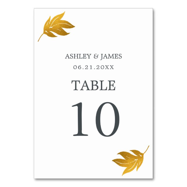 Chic Script Gold Leaf Minimal Wedding Table Number (Front)