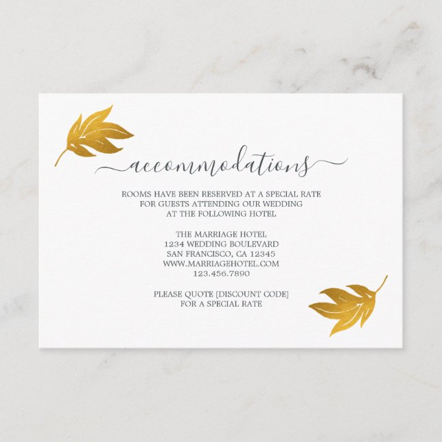 Chic Script Gold Leaf Wedding Information Enclosure Card (Front)