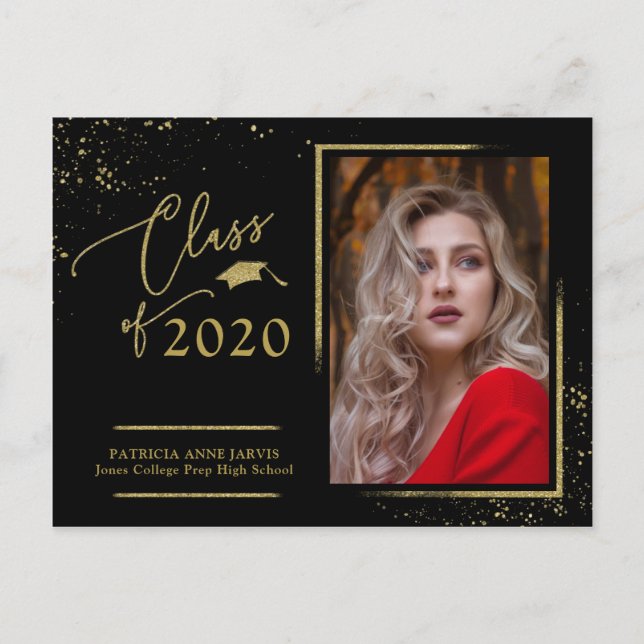 Chic Script Grad Announcement Festive Gold Glitter Postcard (Front)