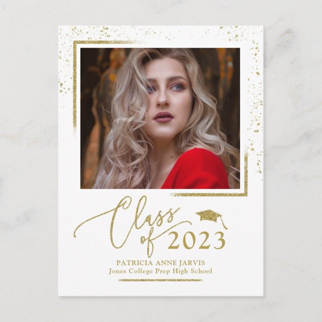 Chic Script Grad Announcement Festive Gold Glitter Postcard (Front)