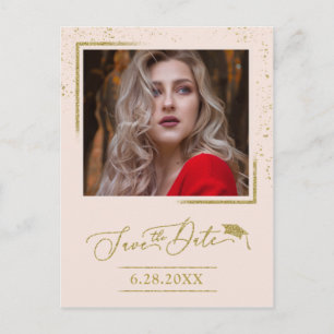 Chic Script Grad Party Save The Date Gold Glitter Postcard