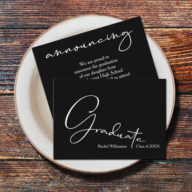 Chic Script Graduate Black Small Announcements (Small graduation announcements are size of a business card, great to hand out to friends and family)