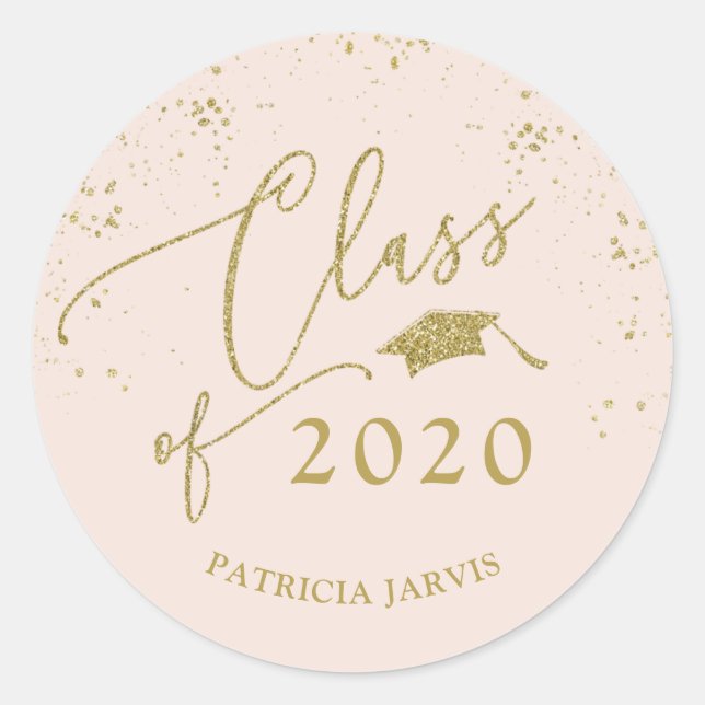 Chic Script Graduation Festive Gold Glitter Classic Round Sticker (Front)