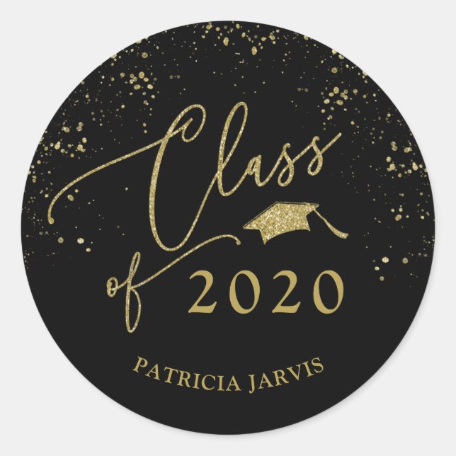 Chic Script Graduation Festive Gold Glitter Classic Round Sticker (Front)
