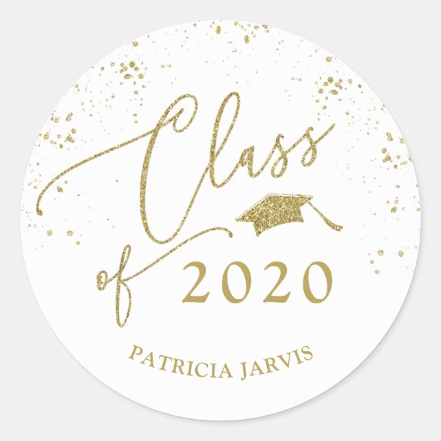 Chic Script Graduation Festive Gold Glitter Classic Round Sticker (Front)