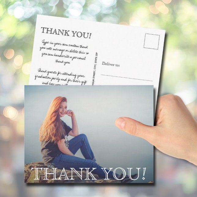 Chic Script Graduation Photo Thank You Postcard (Graduation photo thank you postcards)