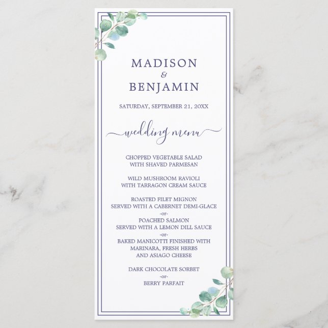 Chic Script Green Foliage Navy Blue Border Wedding Menu (Front)