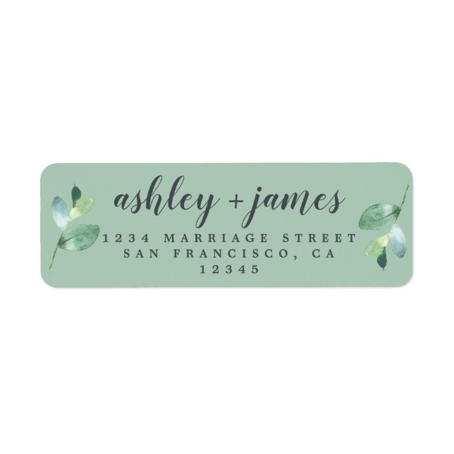 Chic Script Green Foliage Wedding Return Address (Front)