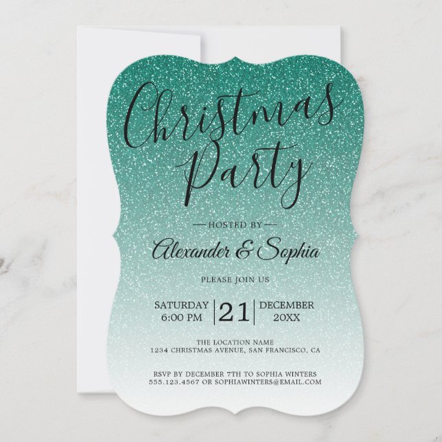 Chic Script Green Glitter Ombre Christmas Party In Invitation (Front)