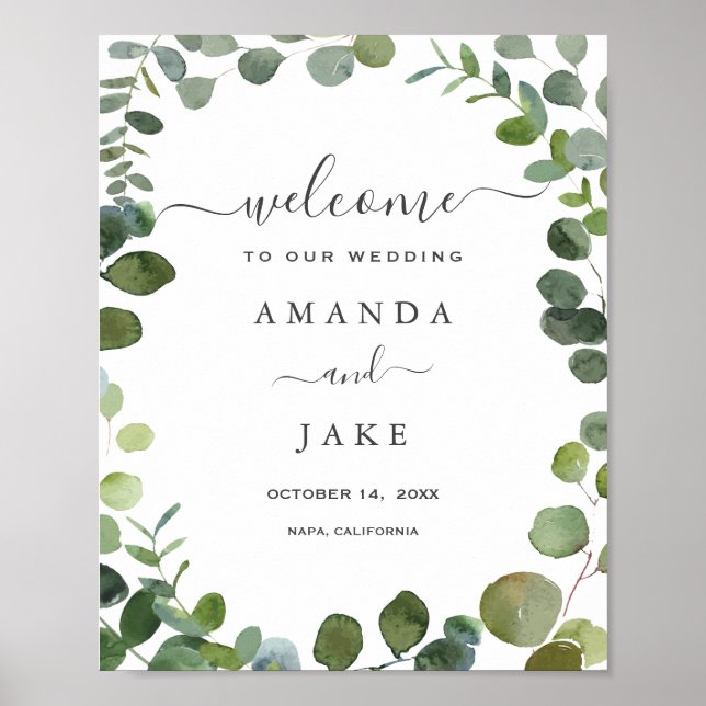 Chic Script Greenery Eucalyptus Wedding Welcome Poster (Front)