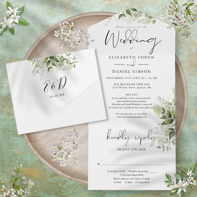 Chic Script Greenery Floral Details RSVP Wedding All In One Invitation (Chic Script Greenery Floral Details RSVP Wedding All In One Invitation)