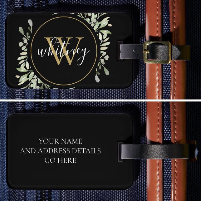 Chic Script Greenery Gold Monogram Black Luggage Tag (Chic Script Greenery Gold Monogram Black Luggage Tag)