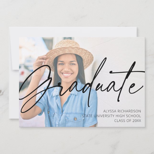  Chic Script H Photo Graduation Party Black Invitation (Front)