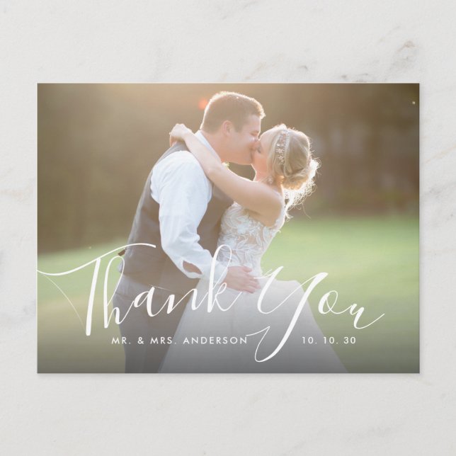 Chic Script Hand Lettered Photo Wedding Thank You Postcard (Front)