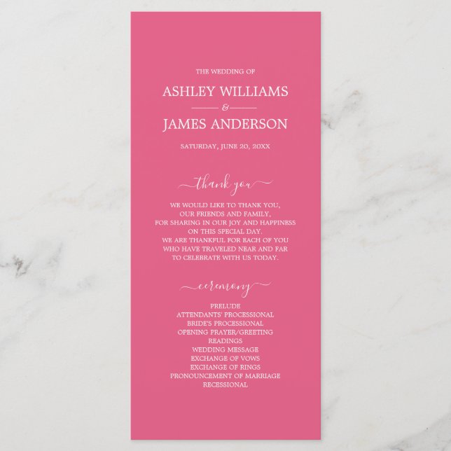 Chic Script Hot Pink Simple Minimal Wedding Programme (Front)