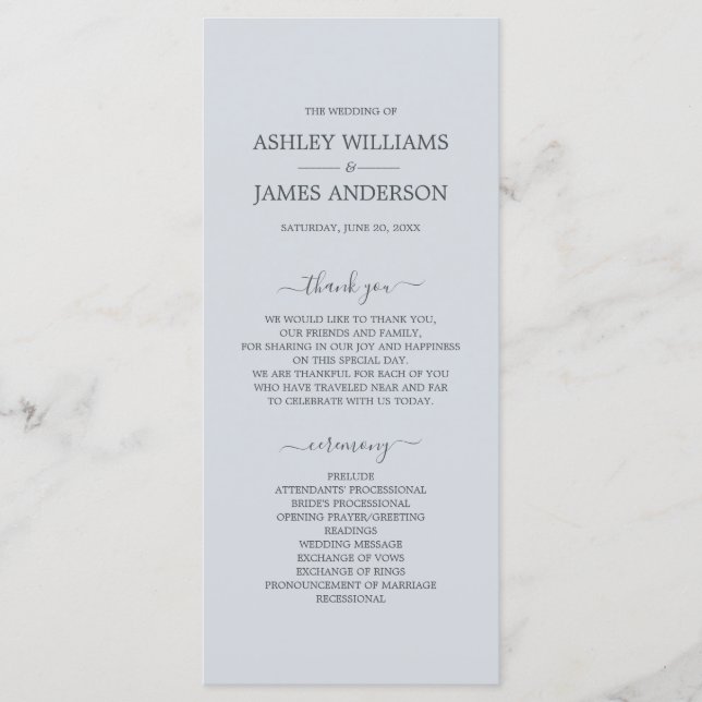 Chic Script Ice Blue Simple Minimal Wedding Programme (Front)