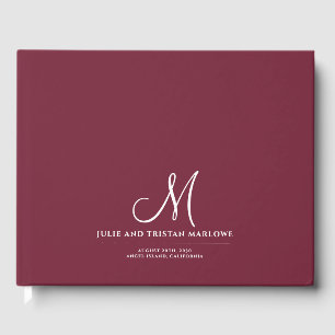Chic Script Initial Wedding Monogram Burgundy Guest Book