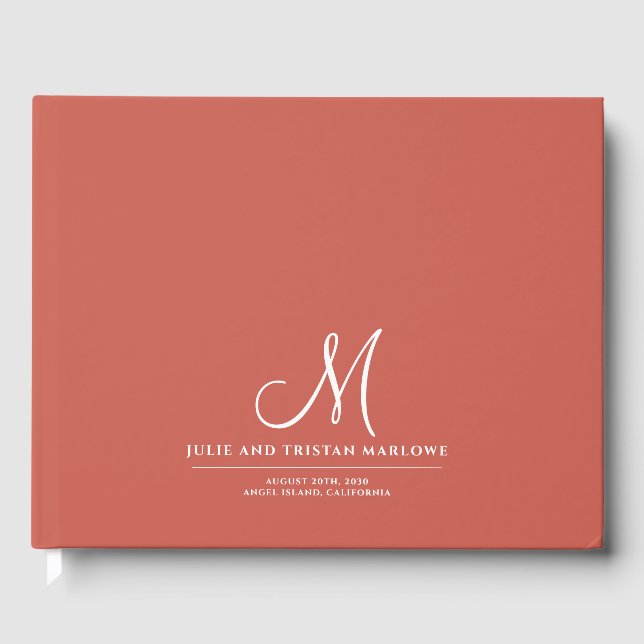Chic Script Initial Wedding Monogram Orange Rust Guest Book (Front)