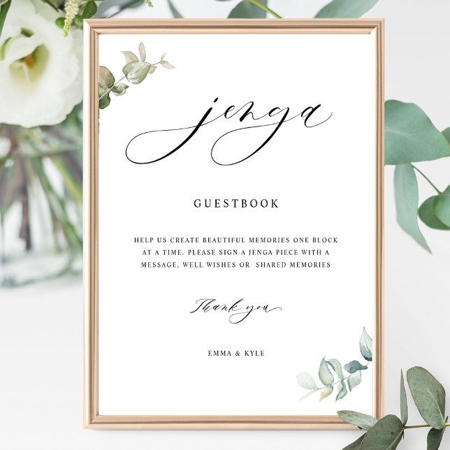Chic Script Jenga Greenery Wedding Guestbook Sign (Creator Uploaded)