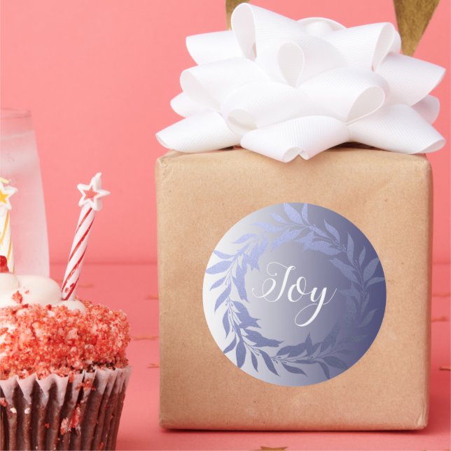 Chic Script Joy Blue Foil Wreath Christmas Classic Round Sticker (Party)