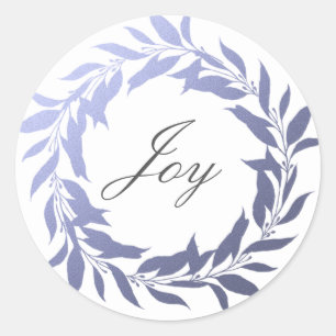 Chic Script Joy Blue Foil Wreath Christmas Classic Round Sticker