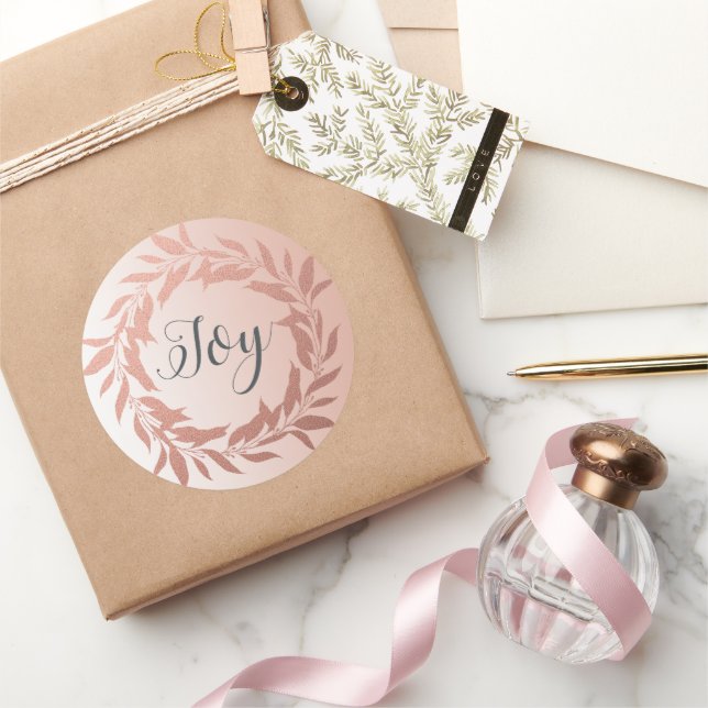 Chic Script Joy Rose Gold Wreath Christmas Pink Classic Round Sticker (Gifting)