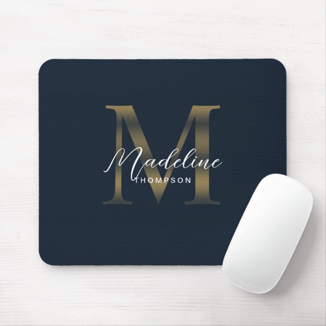 Chic Script Metallic Navy Blue and Gold Monogram Mouse Pad (With Mouse)