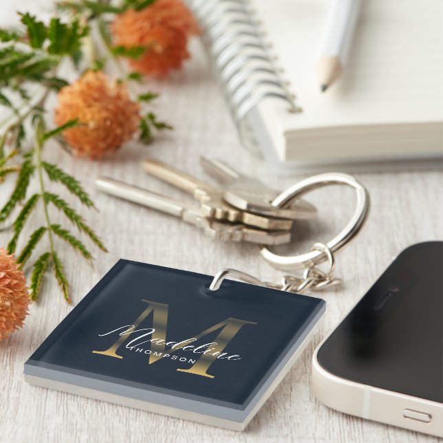 Chic Script Metallic Navy Blue Gold Monogram Key Ring (Front Right)