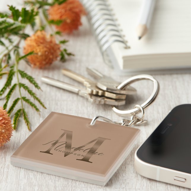 Chic Script Metallic Taupe Gold Monogram Key Ring (Front Right)