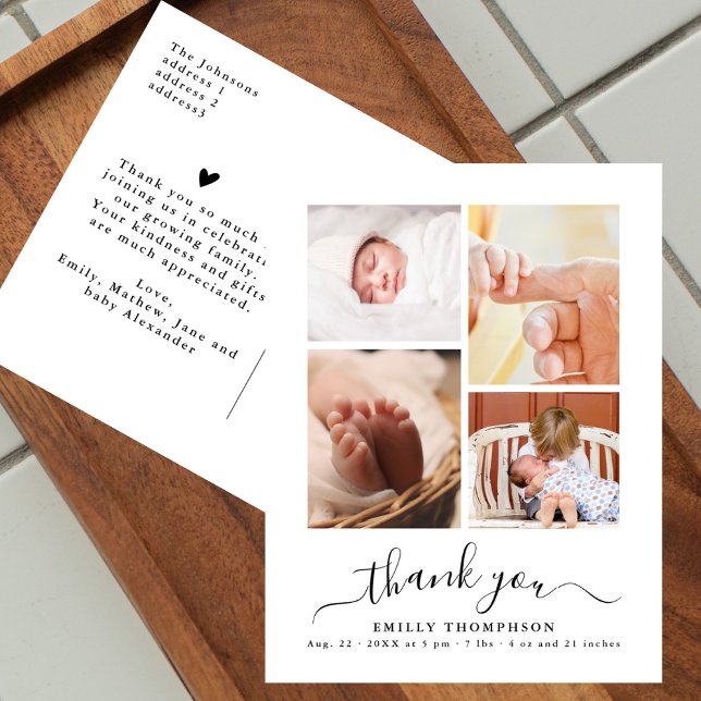 Chic Script Minimalist 4 Photo New Baby Thank You Postcard (Creator Uploaded)