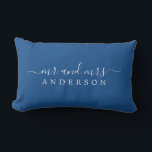 Chic Script Mr Mrs Blue Newlywed Monogram Lumbar Cushion<br><div class="desc">Chic, modern monogram blue pillow with the text Mr and Mrs in white elegant script. Simply add your married name. Perfect luxury gift for the newlywed couple. Exclusively designed for you by Happy Dolphin Studio. If you need any help or matching products please contact us at happydolphinstudio@outlook.com. We're happy to...</div>