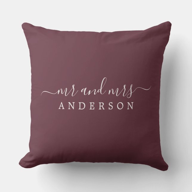 Chic Script Mr Mrs Burgundy Newlywed Monogram Cushion (Front)