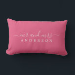 Chic Script Mr Mrs Hot Pink Newlywed Monogram Lumbar Cushion<br><div class="desc">Chic, modern monogram hot pink pillow with the text Mr and Mrs in white elegant script. Simply add your married name. Perfect luxury gift for the newlywed couple. Exclusively designed for you by Happy Dolphin Studio. If you need any help or matching products please contact us at happydolphinstudio@outlook.com. We're happy...</div>