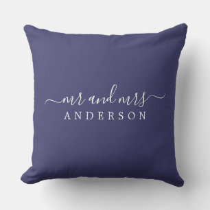 Chic Script Mr Mrs Navy Blue Newlywed Monogram Cushion