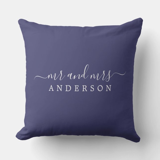 Chic Script Mr Mrs Navy Blue Newlywed Monogram Cushion (Front)