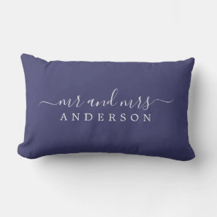 Chic Script Mr Mrs Navy Blue Newlywed Monogram Lumbar Cushion