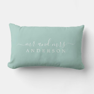 Chic Script Mr Mrs Pastel Blue Newlywed Monogram Lumbar Cushion