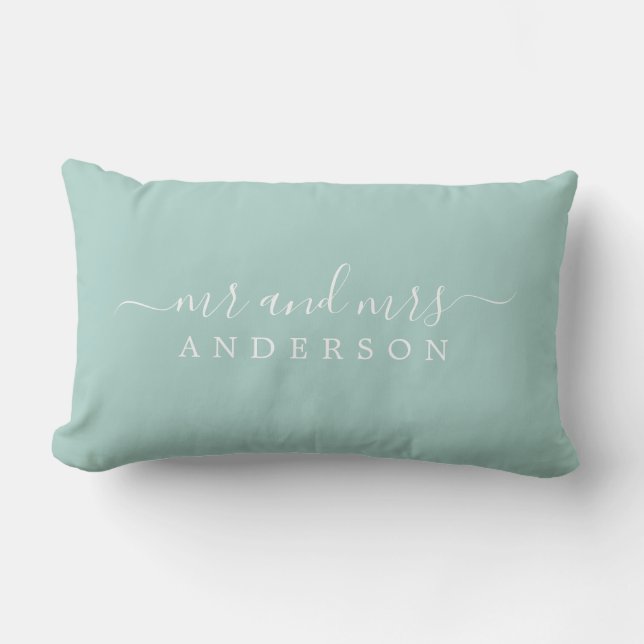 Chic Script Mr Mrs Pastel Blue Newlywed Monogram Lumbar Cushion (Front)