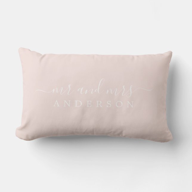 Chic Script Mr Mrs Pastel Pink Newlywed Monogram Lumbar Cushion (Front)