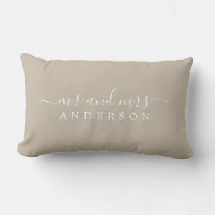 Chic Script Mr Mrs Shiitake Gray Newlywed Monogram Lumbar Cushion