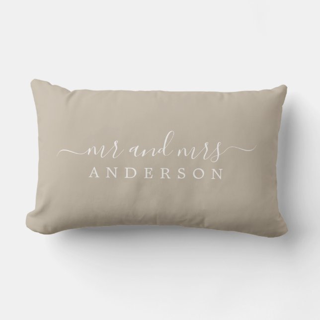 Chic Script Mr Mrs Shiitake Grey Newlywed Monogram Lumbar Cushion (Front)
