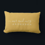 Chic Script Mr Mrs Yellow Ochre Newlywed Monogram Lumbar Cushion<br><div class="desc">Chic, modern monogrammed pillow with the text Mr and Mrs in white elegant script on a yellow ochre background. Simply add your married name. Perfect luxury gift for the newlywed couple. Exclusively designed for you by Happy Dolphin Studio. If you need any help or matching products please contact us at...</div>