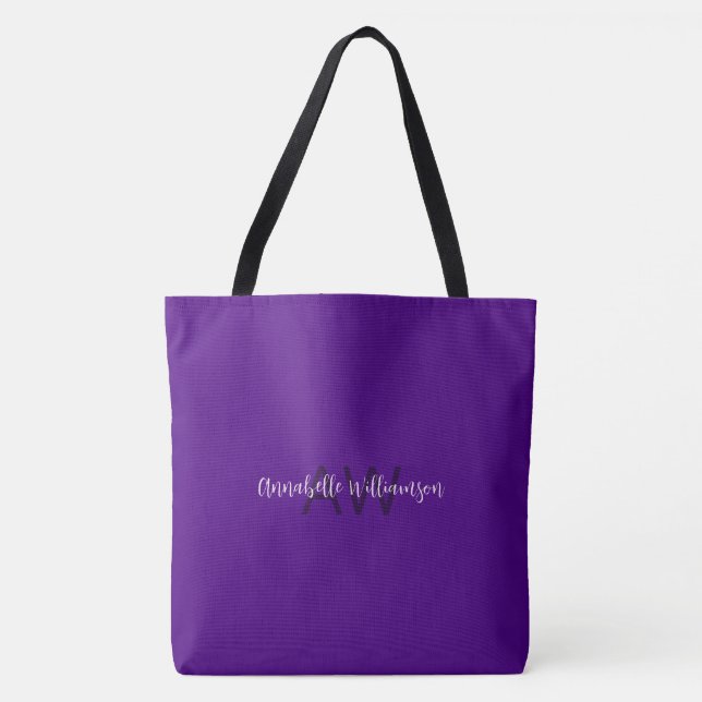 Chic Script Name & Monogram Solid Indigo Purple Tote Bag (Front)
