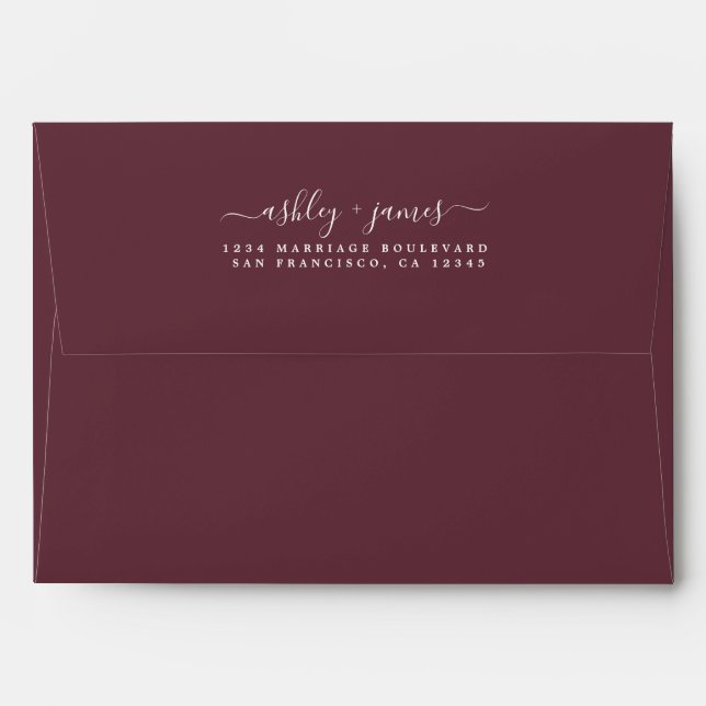 Chic Script Names Burgundy Wedding Return Address Envelope (Back (Top Flap))