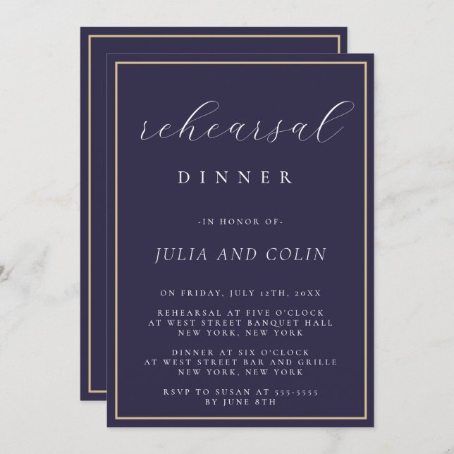 Chic Script Navy Blue Rehearsal Dinner Invitation (Front/Back)