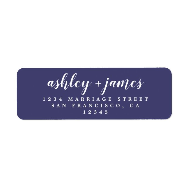 Chic Script Navy Blue Wedding Return Address (Front)