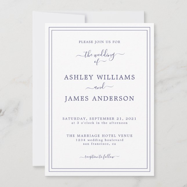 Chic Script Navy Blue White Wedding invitation (Front)